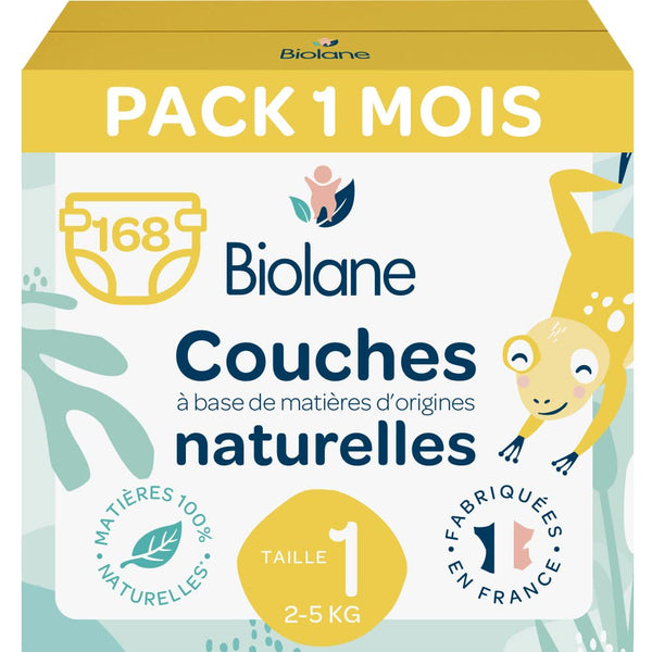 BIOLANE - Couche Taille 1 - (2-5 kg) - Peaux Sensibles - Ultra-Absorbant, Pas de Fuite, 12h au Sec - Pack 1 mois 168 couches - Eco-responsables - Fabriqué en France